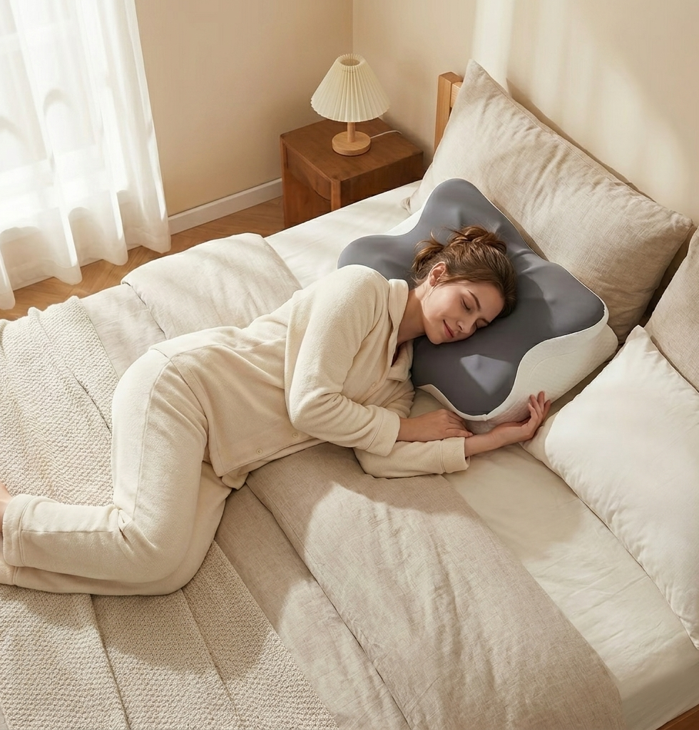 Person resting on a Nocta Neck Pillow in a soft-lit bedroom